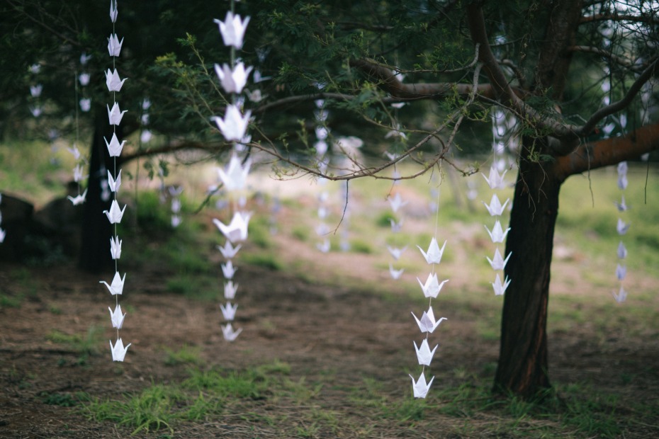 paper swans hanging from the trees