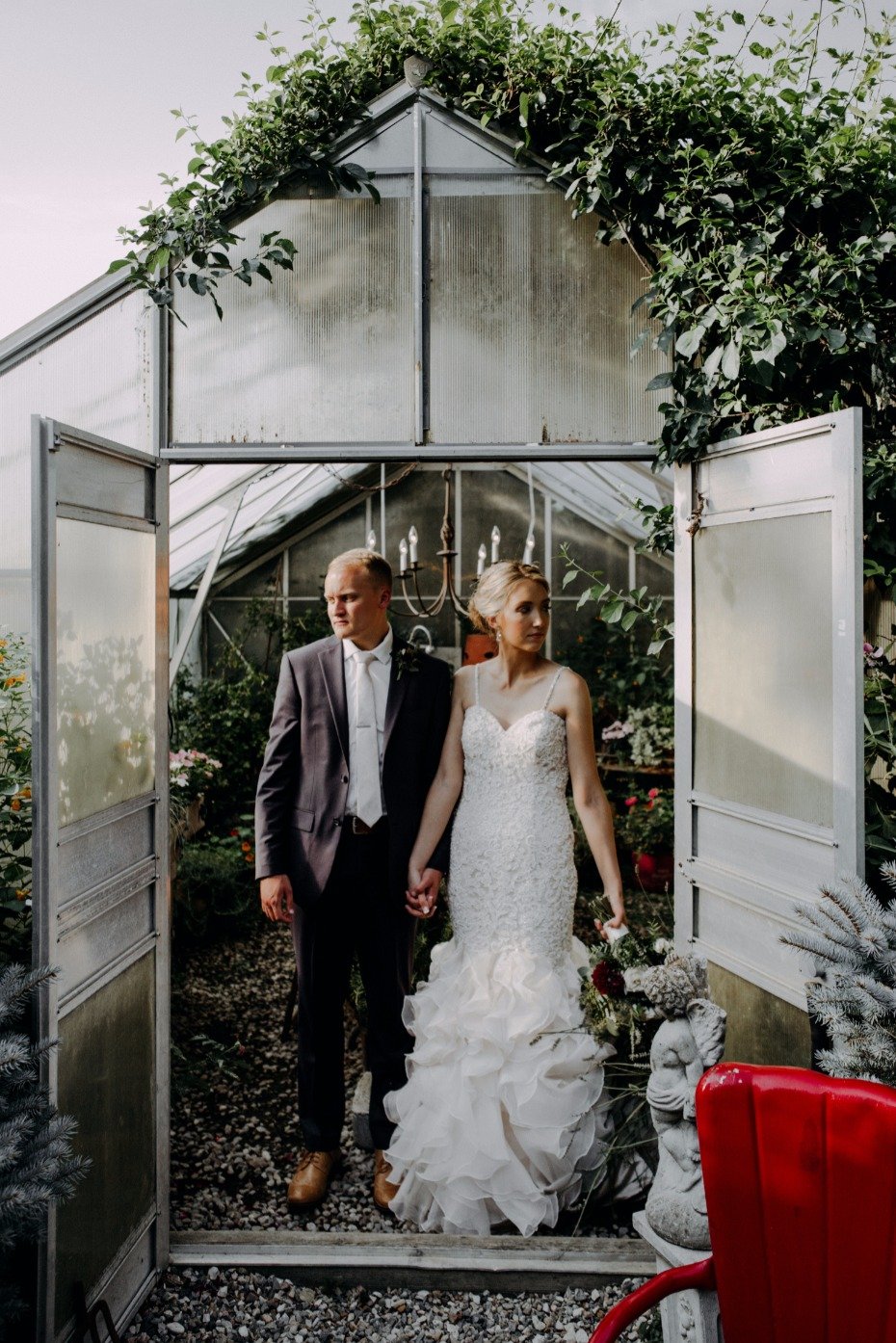 greenhouse garden wedding portrait