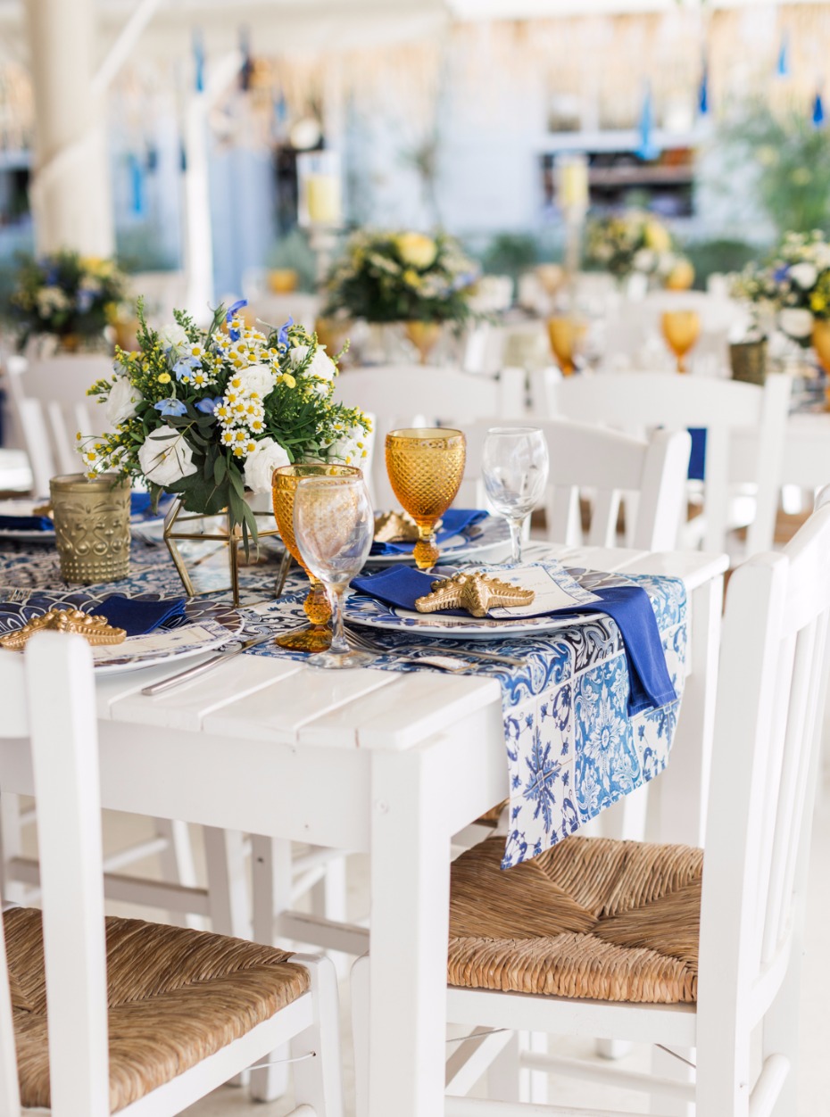 Blue yellow and white reception decor