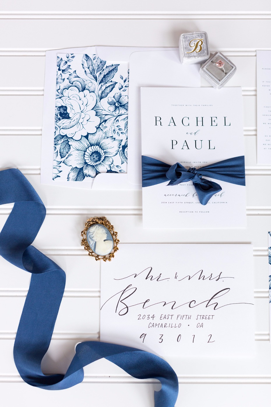 White and navy invitation suite