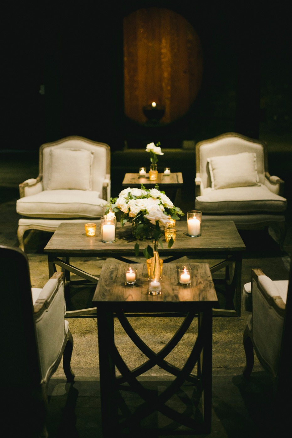 white candle lit wedding lounge