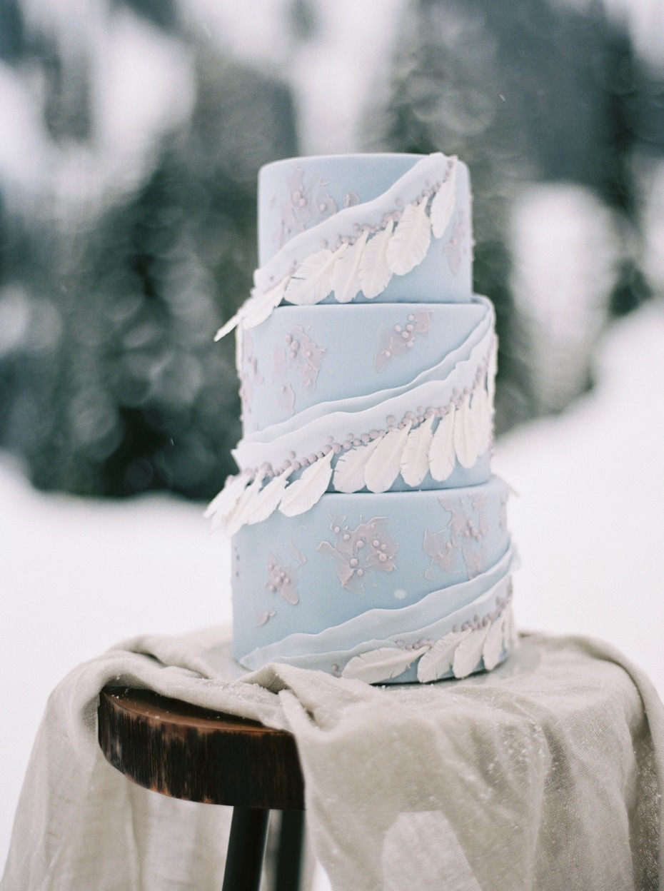 light blue winter wedding cake with fondant feathers