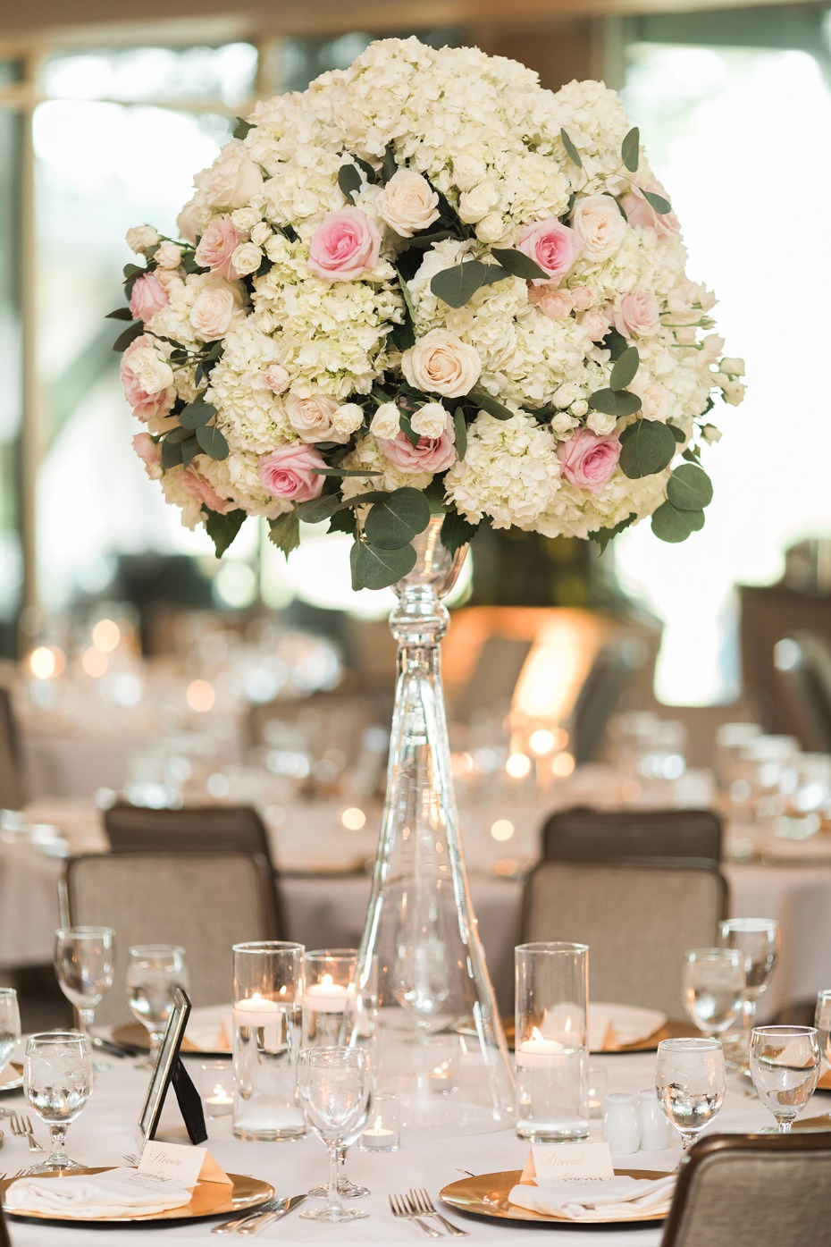 soft pink and white wedding centerpiece