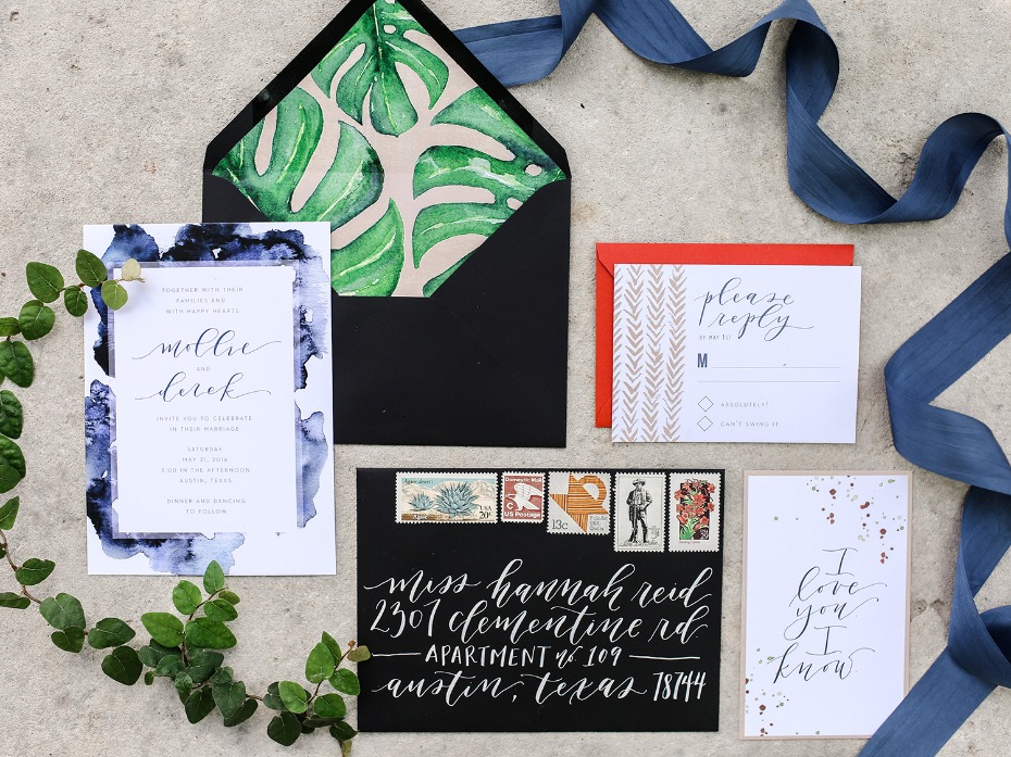 bold and modern wedding stationery with watercolor elements