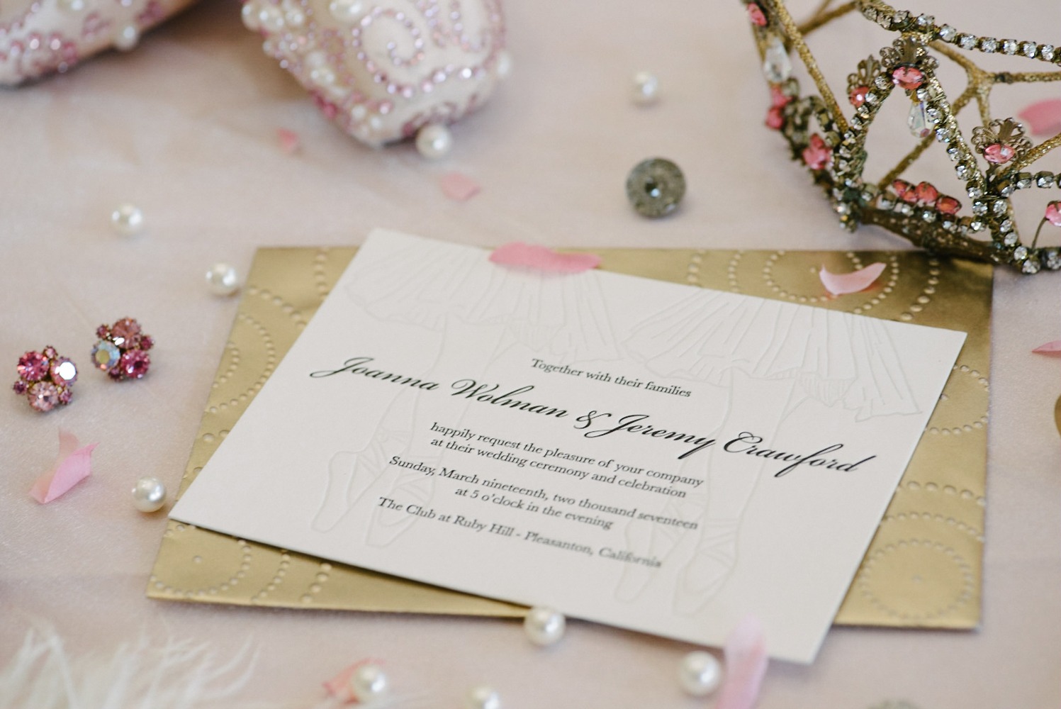 pink and gold ballet inspired wedding invitations