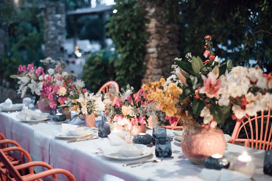 boho style family style table decor