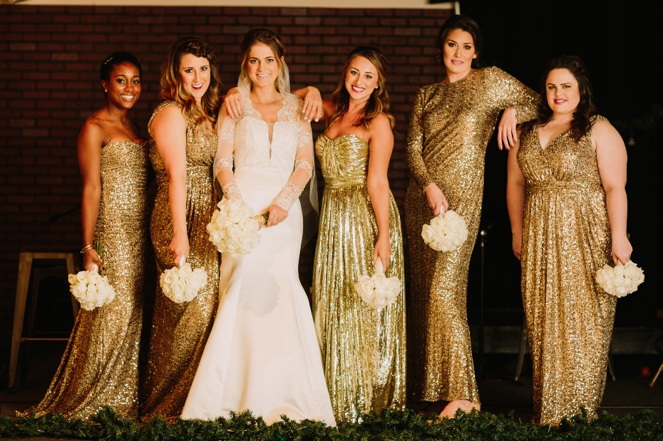 Gold sparkle bridesmaid dresses for NYE wedding