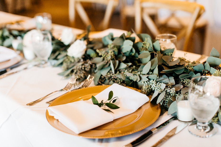 gold and greenery wedding table decor