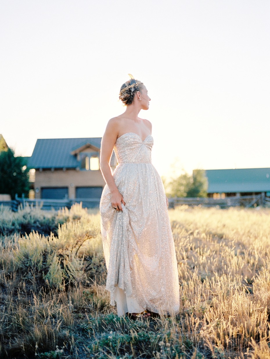 golden hour wedding bridal portrait in gold wedding dress