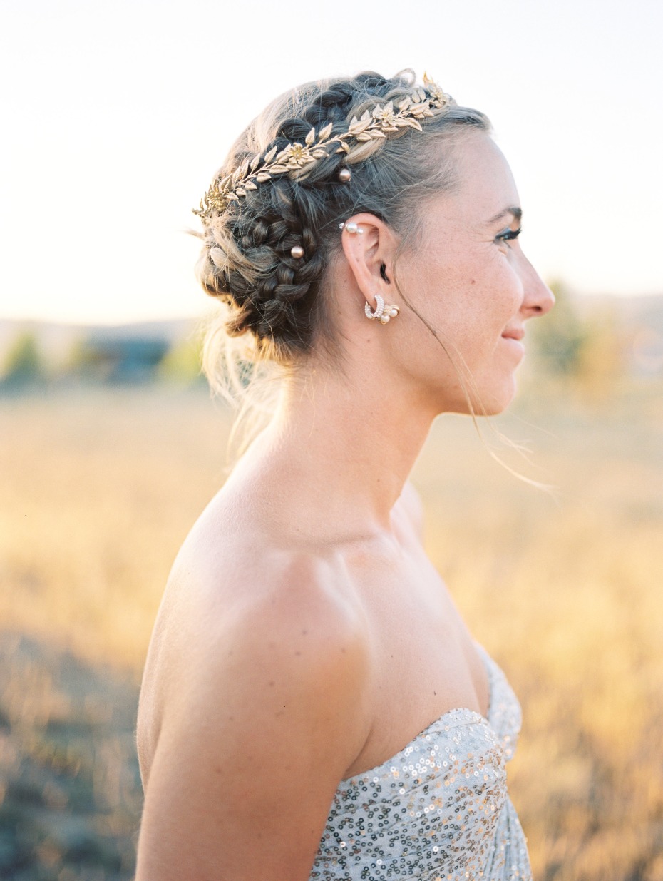 braided wedding hair updo with golden halo