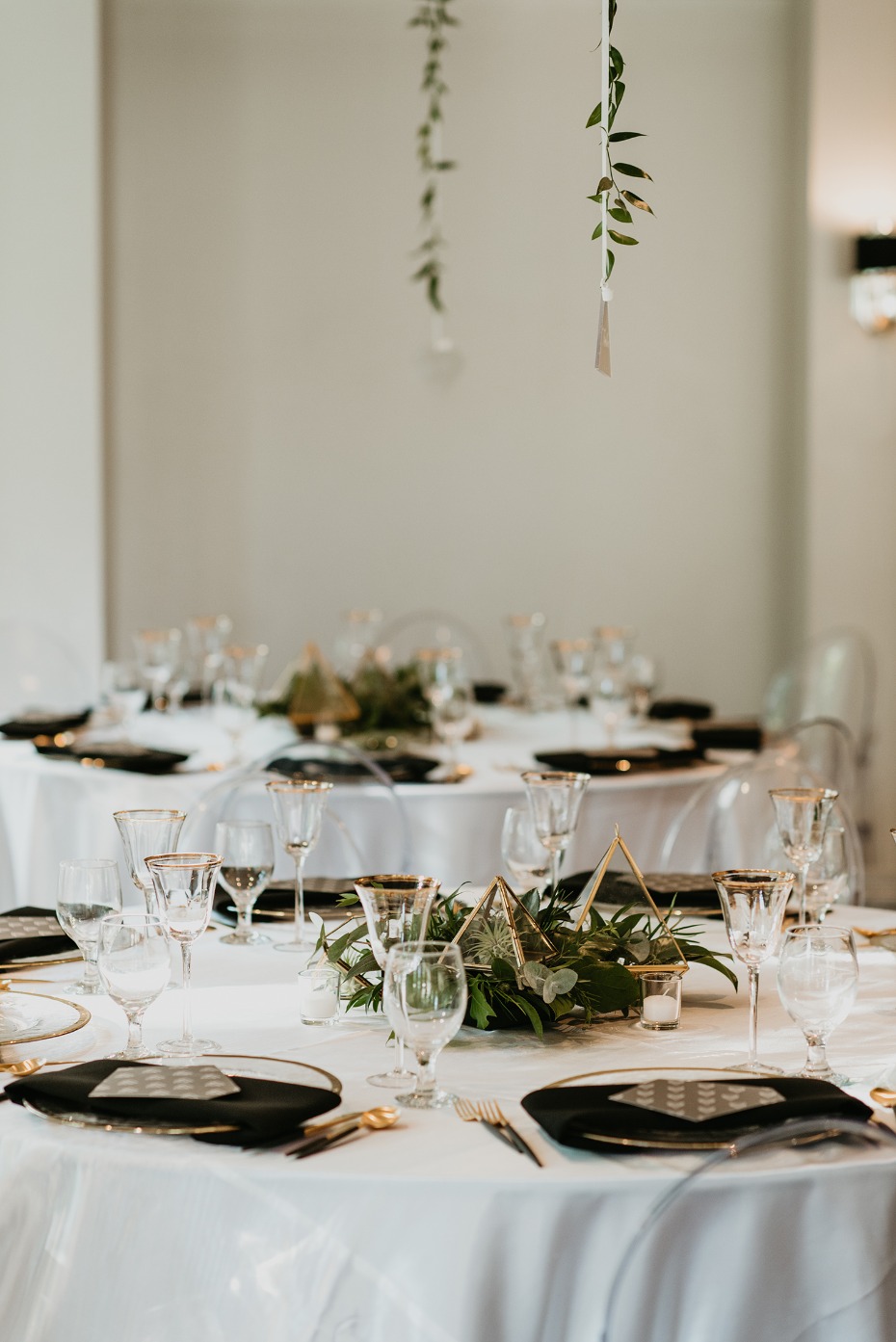 Gold, white, and black table decor