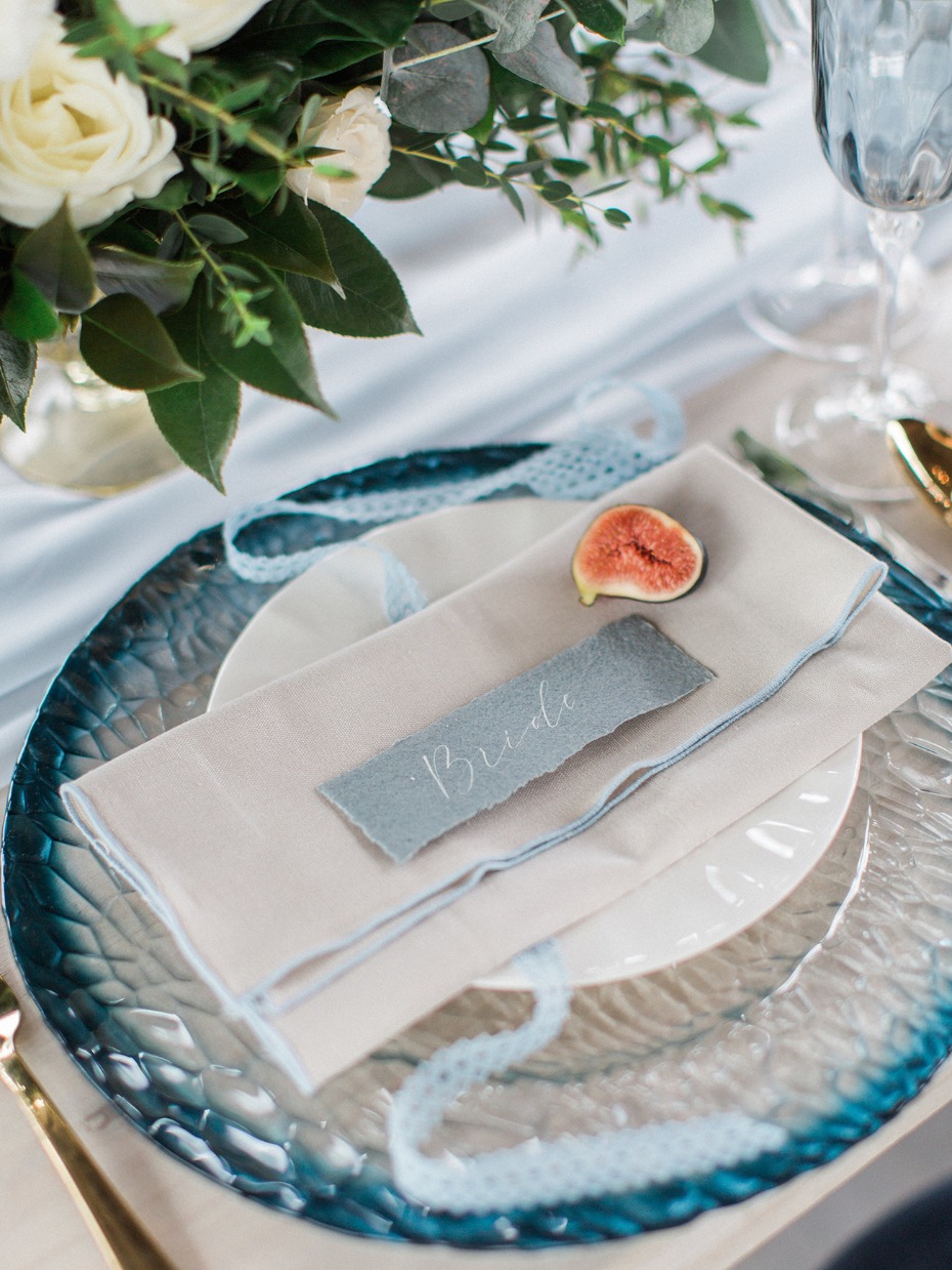 blue and white wedding table place setting