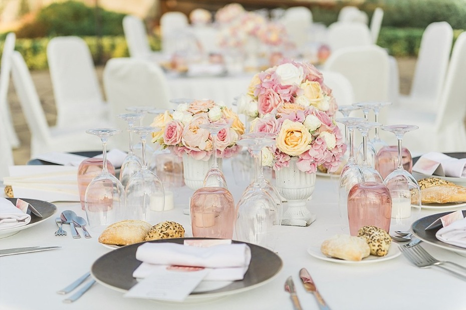 wedding reception table decor in soft pink and blush