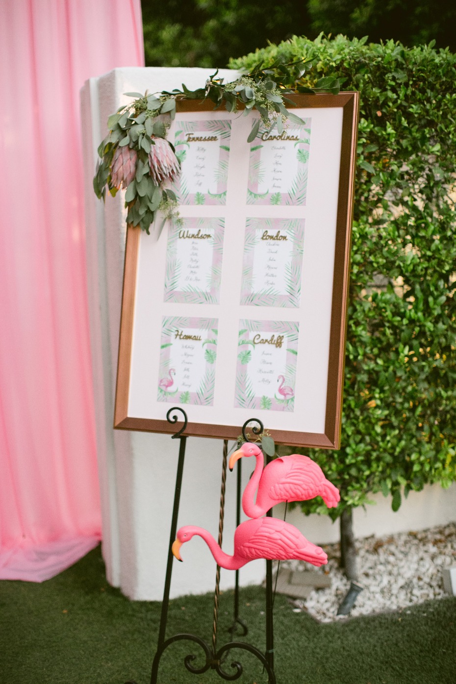 Tropical blush seating chart with flamingos