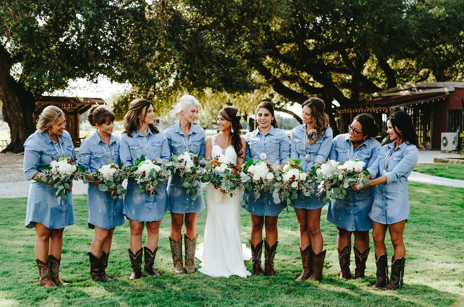 Cowgirl bridesmaids in denim dresses