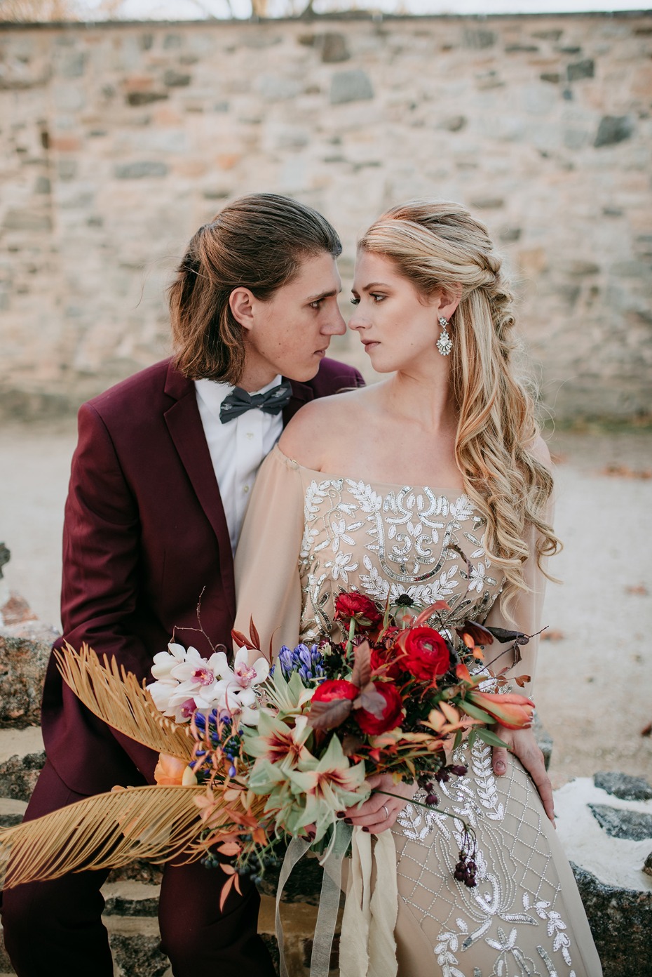 bride and groom in late fall wedding style