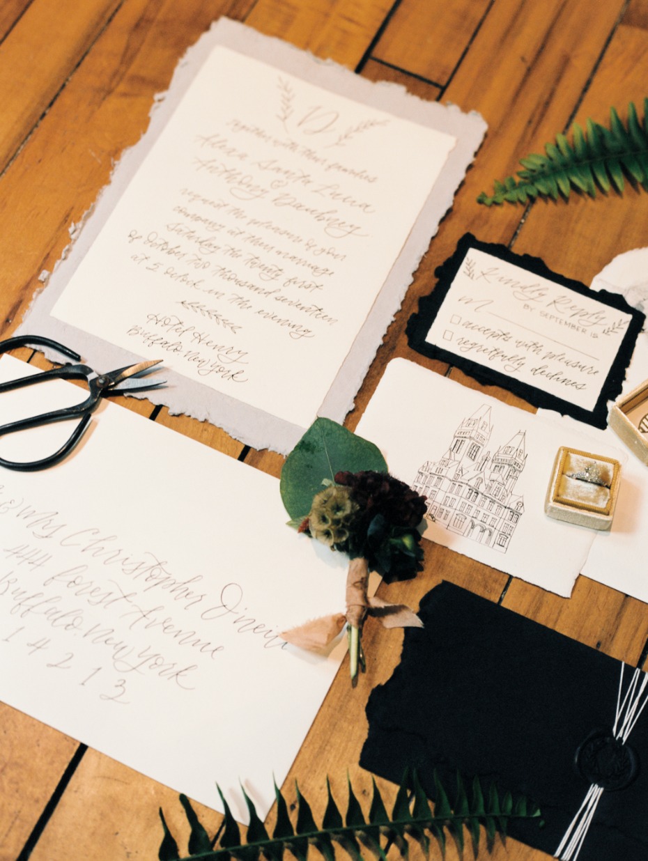 calligraphy and venue illustration wedding stationery