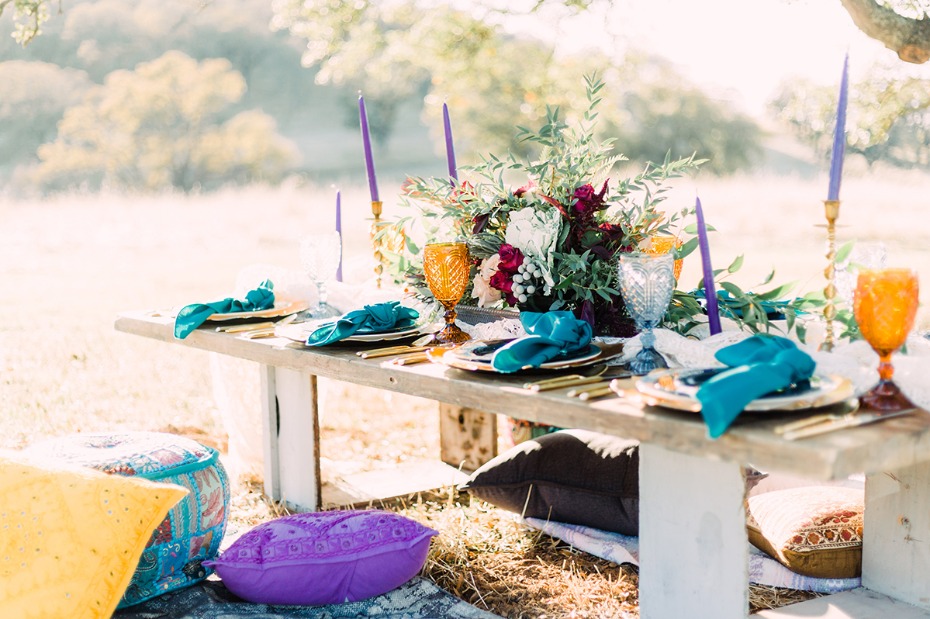 Colorful boho gypsy reception table