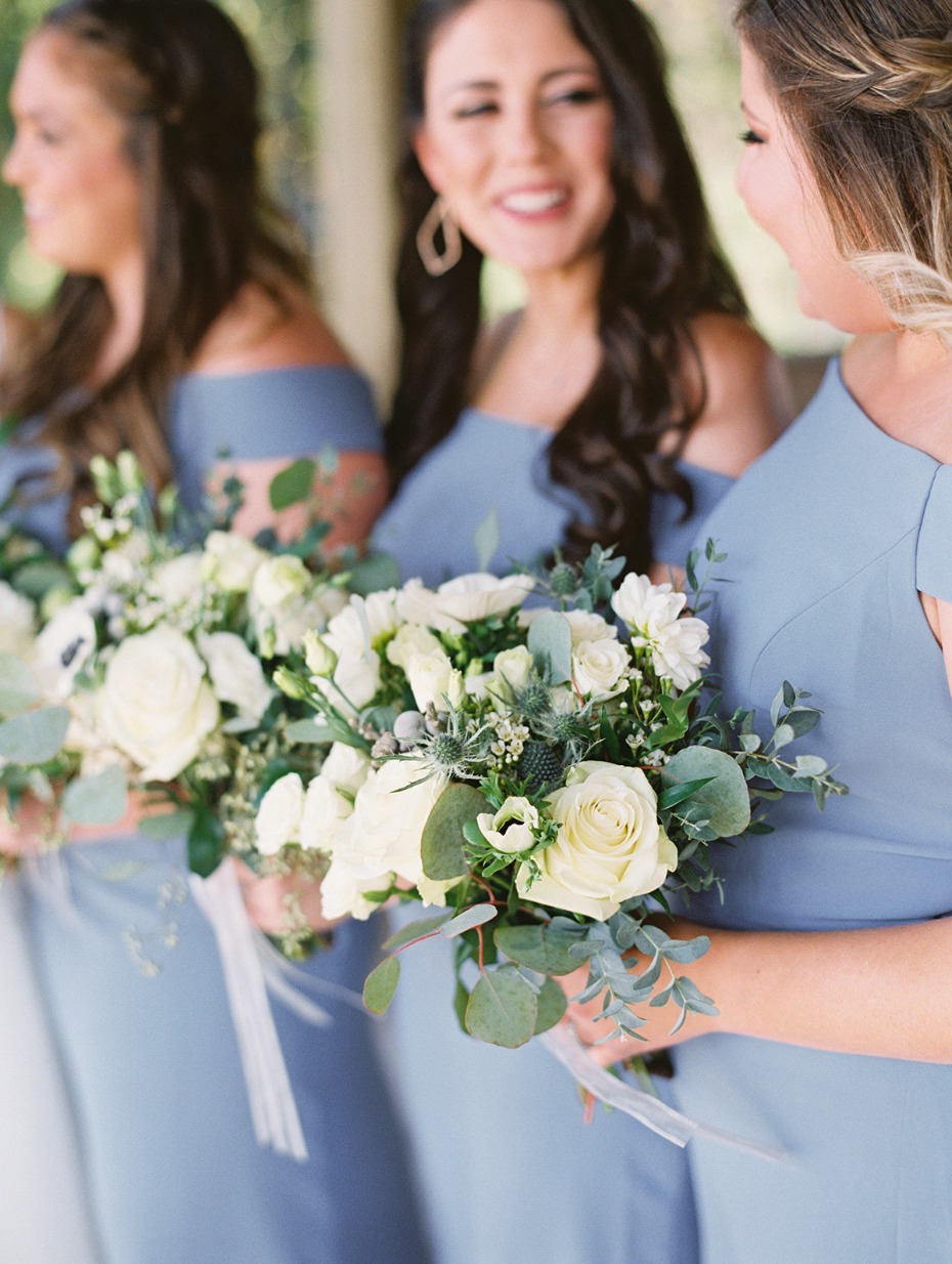 dusty blue and ivory wedding bouquets
