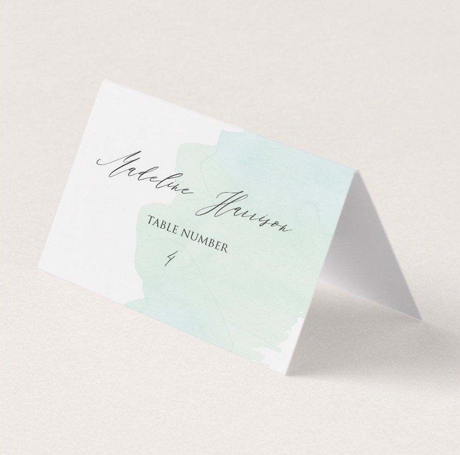 Watercolor place card with table number for wedding event