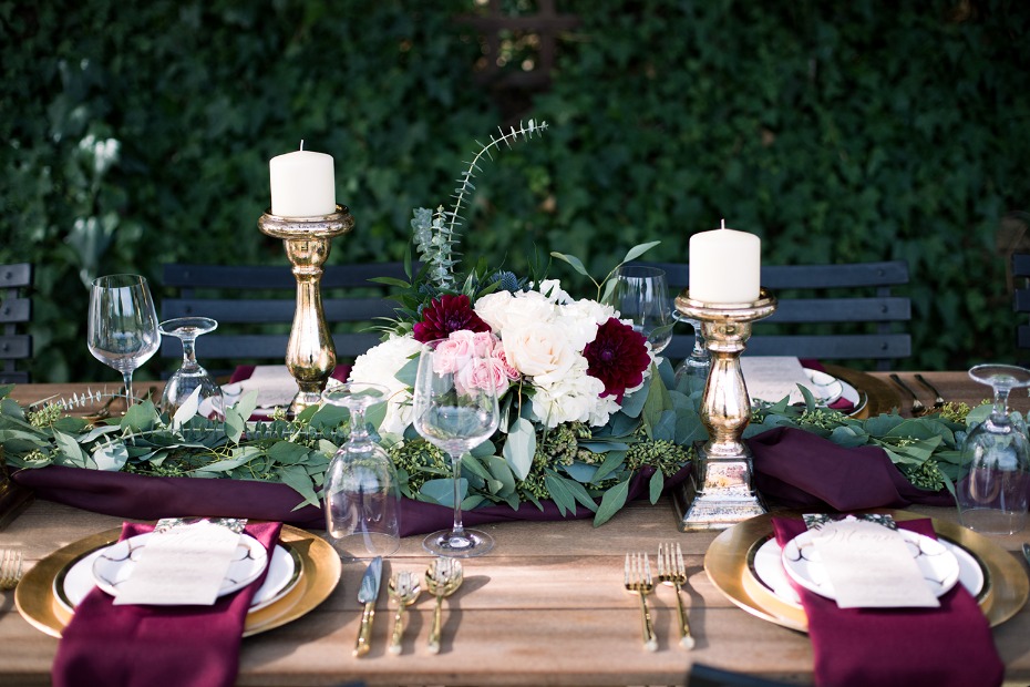 gold burgundy and floral wedding table decor