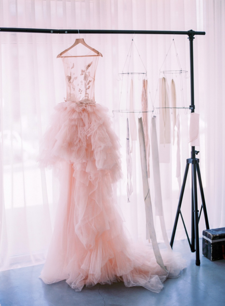 Blush Musat gown with floral appliquÃ©s and a dramatic tulle skirt
