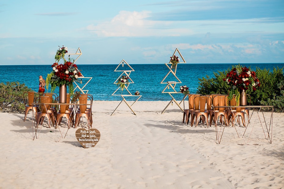 modern copper and burgundy beach wedding
