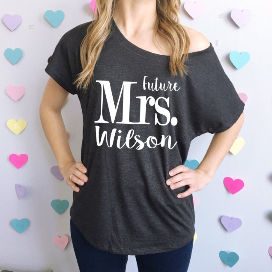 Grey off-shoulder shirt: Future Mrs Wilson