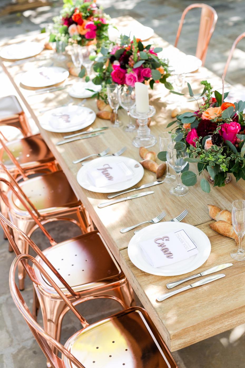 modern boho chic rose gold outdoor wedding table decor