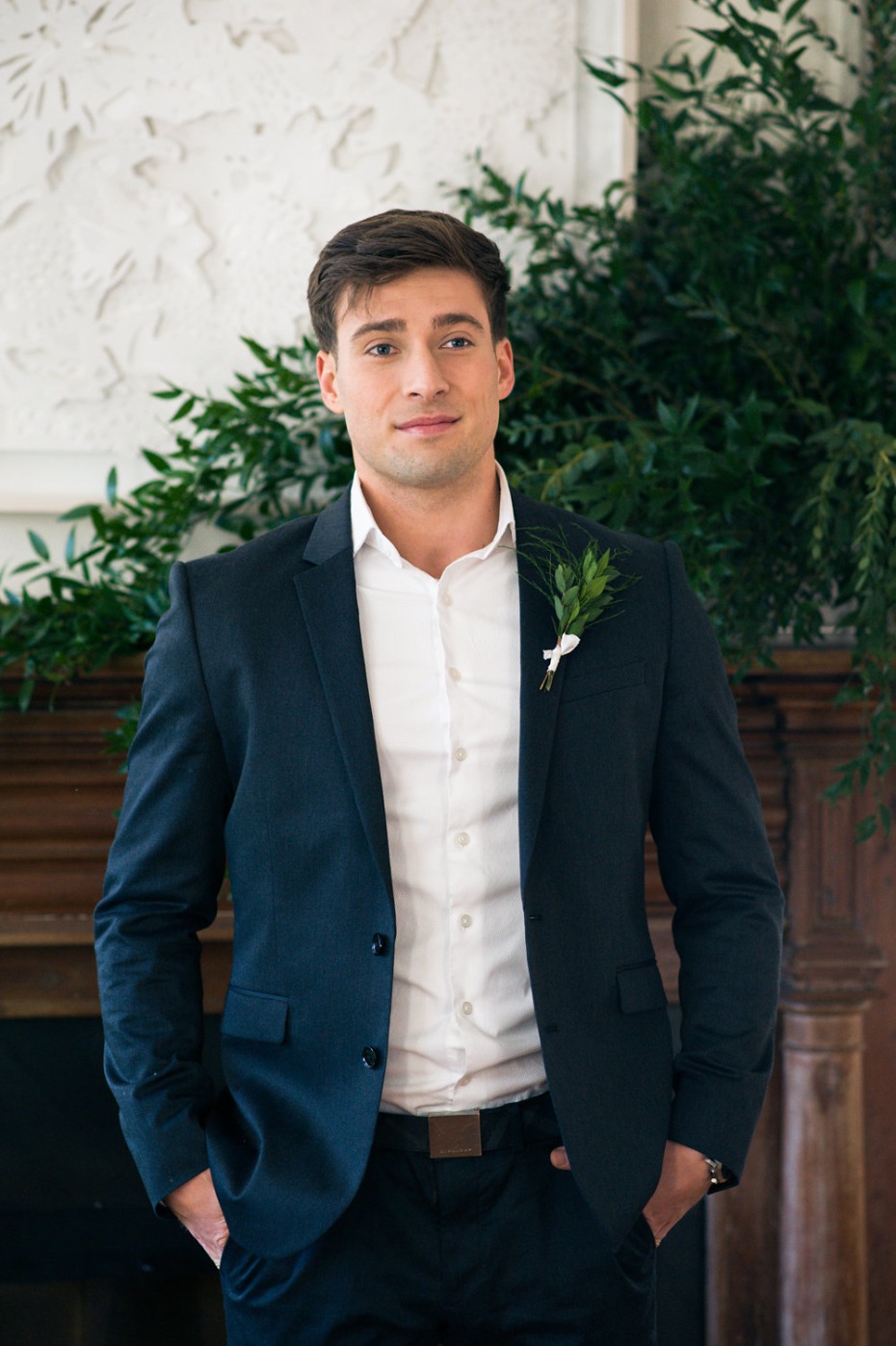 semi formal groom style with relaxed button down and navy suit