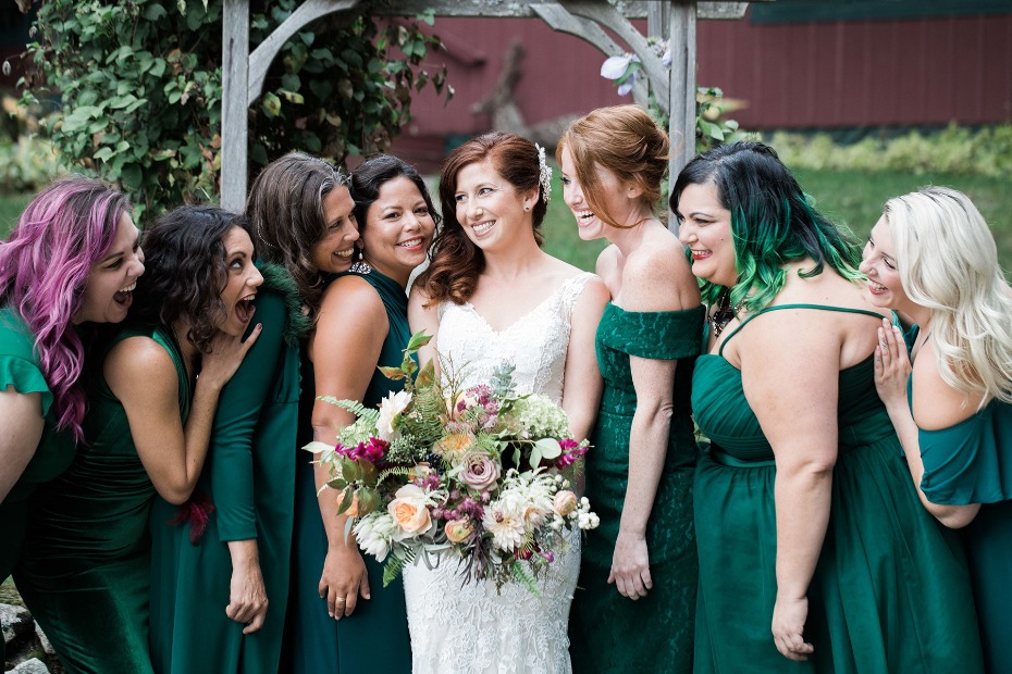 mismatched bridesmaid dresses in forest green