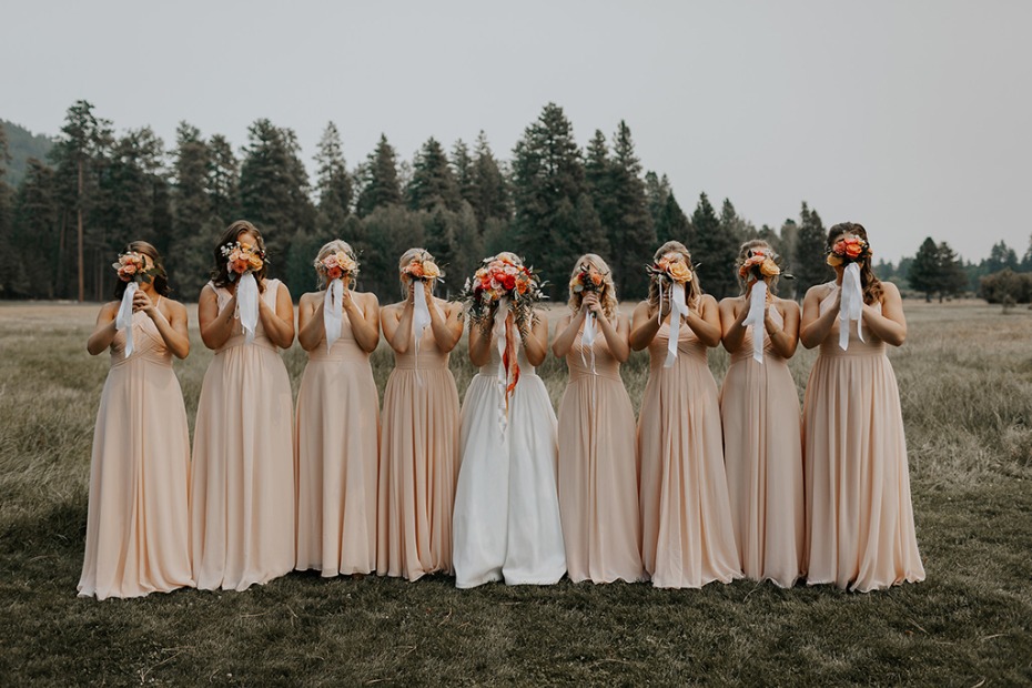 bridal party in soft peach