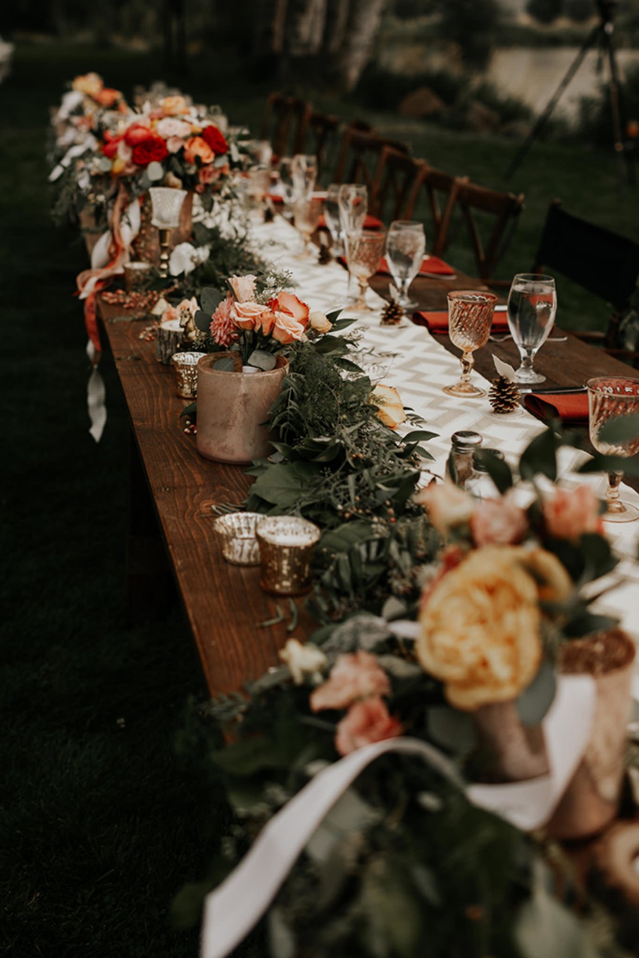 coral yellow and greenery rustic chic table decor