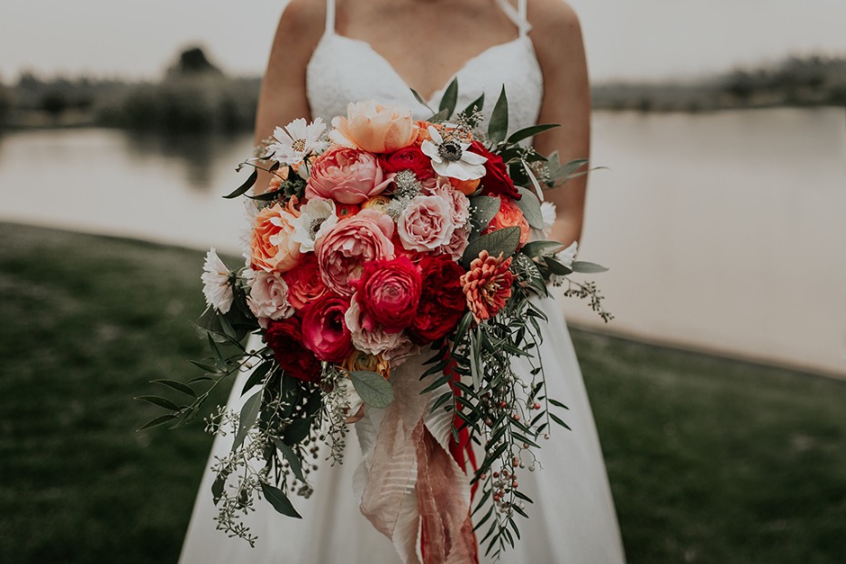 pink coral and white wedding bouquet