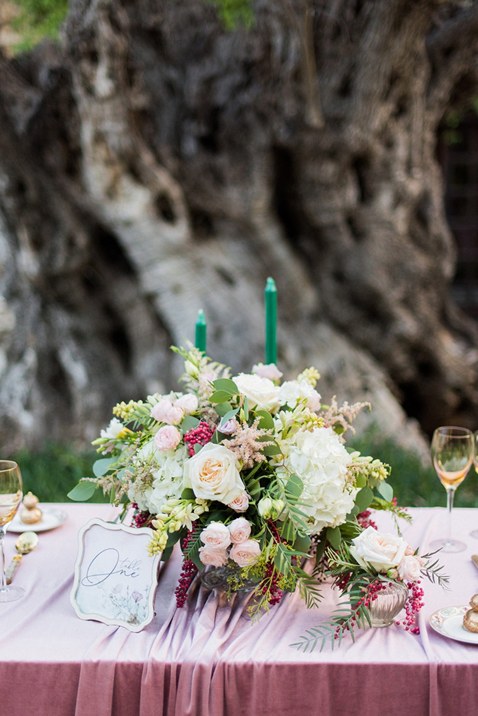 wedding centerpiece idea for your soft pink and emerald green decor