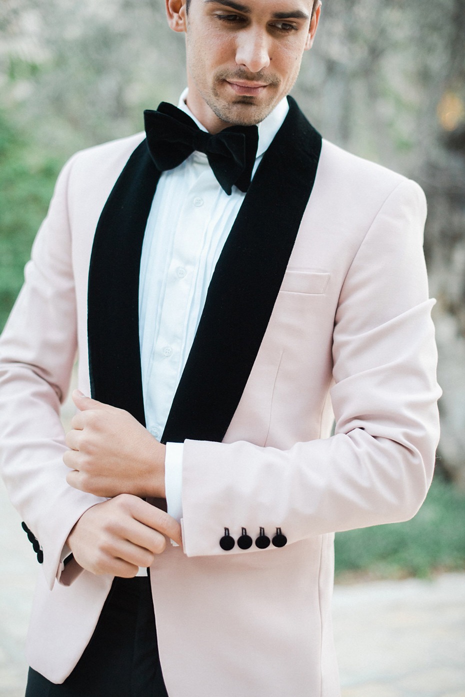 velvet lapel and baby pink suit jacket
