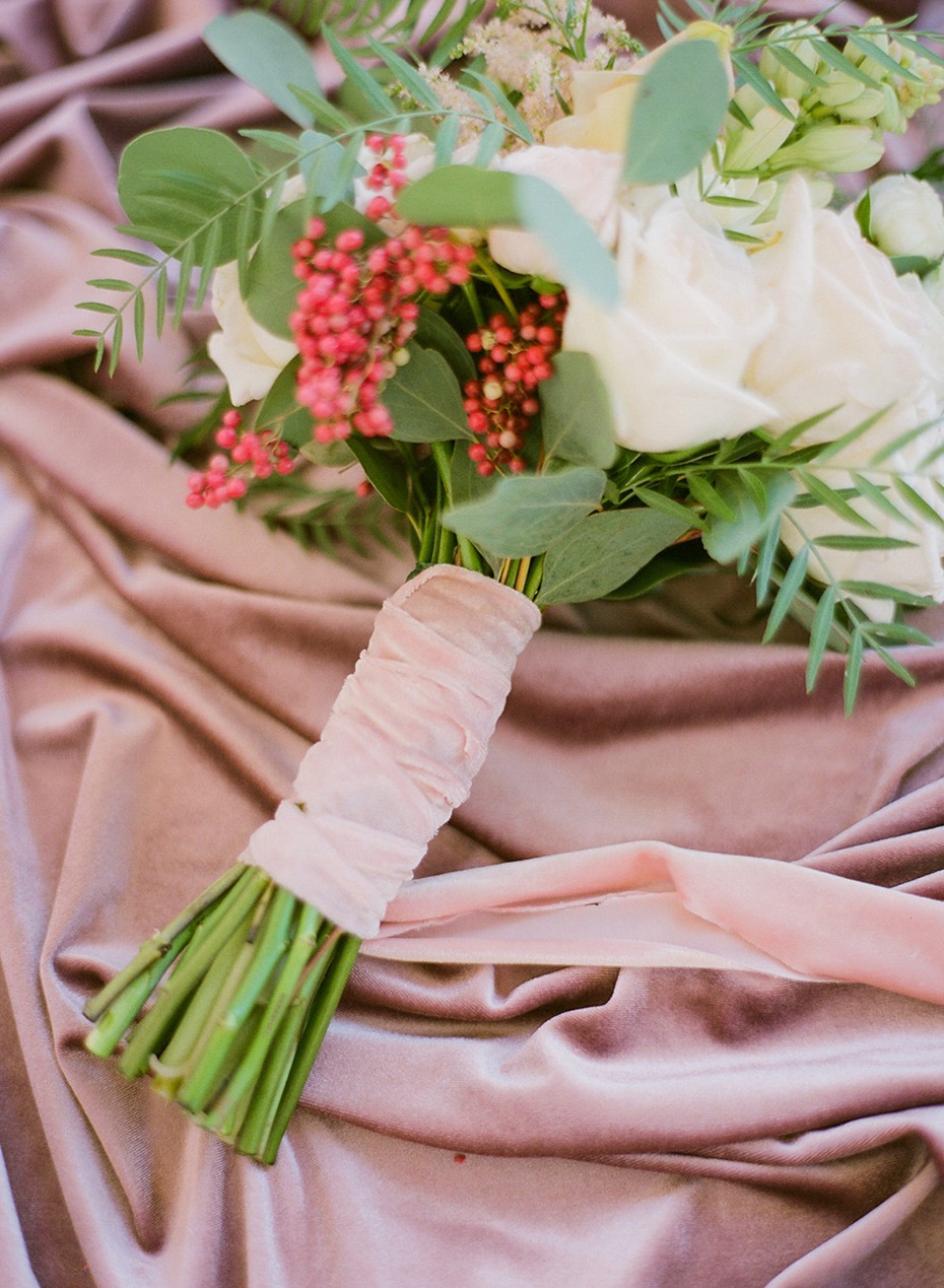 soft pink ribbon wrapped wedding bouquet