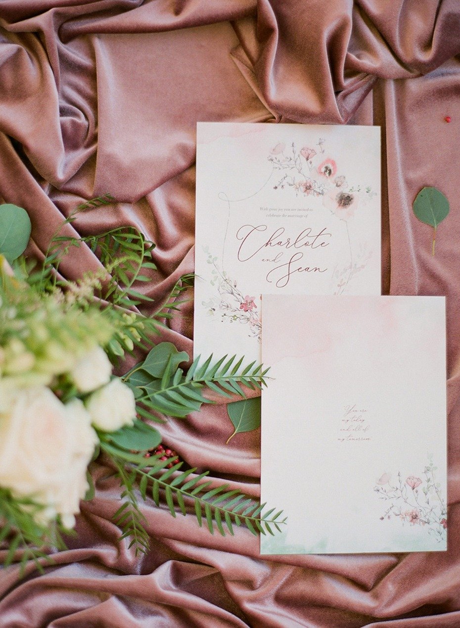 soft blush and light green water color wedding stationery