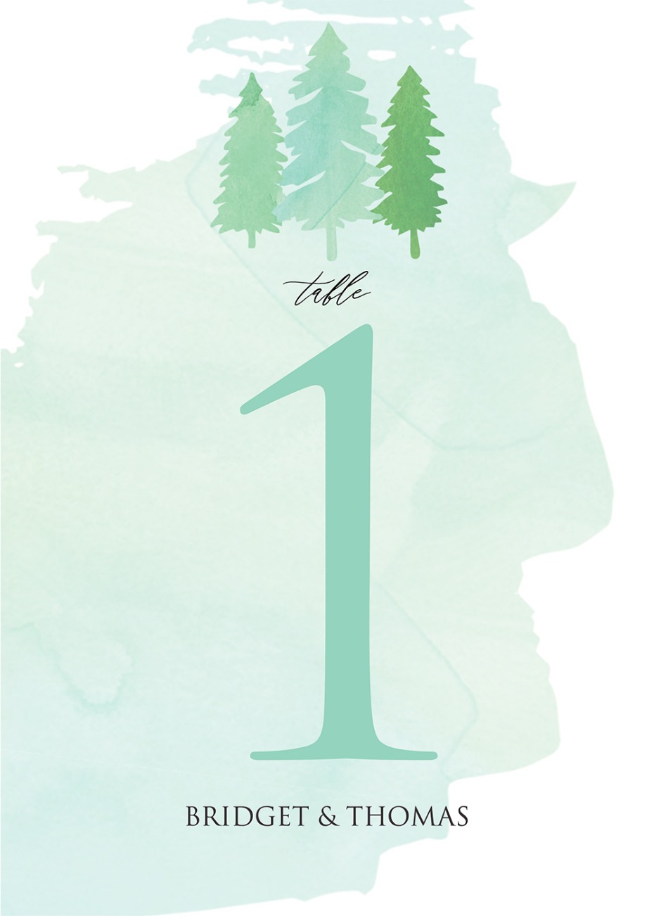 Bridget and Thomas wedding table card number one trees