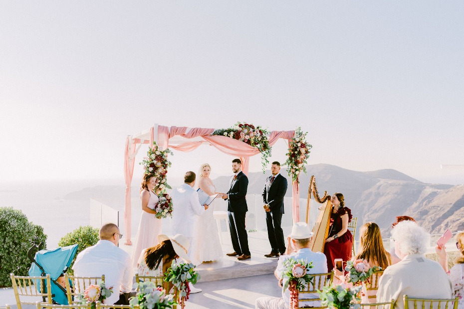 romantic pink and gold wedding ceremony in Greece