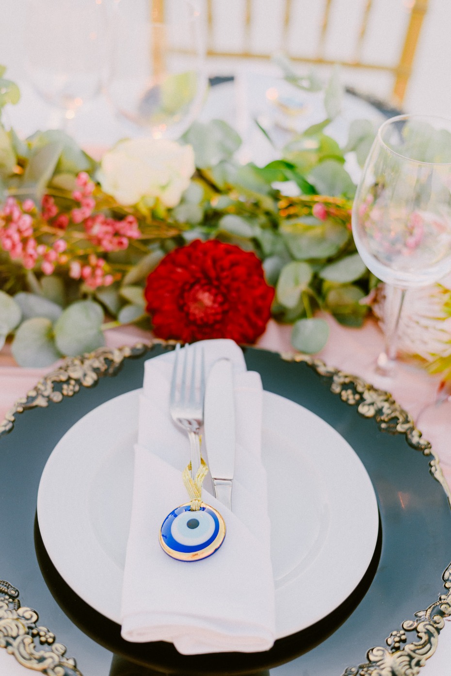 wedding place setting with Greek wedding favor