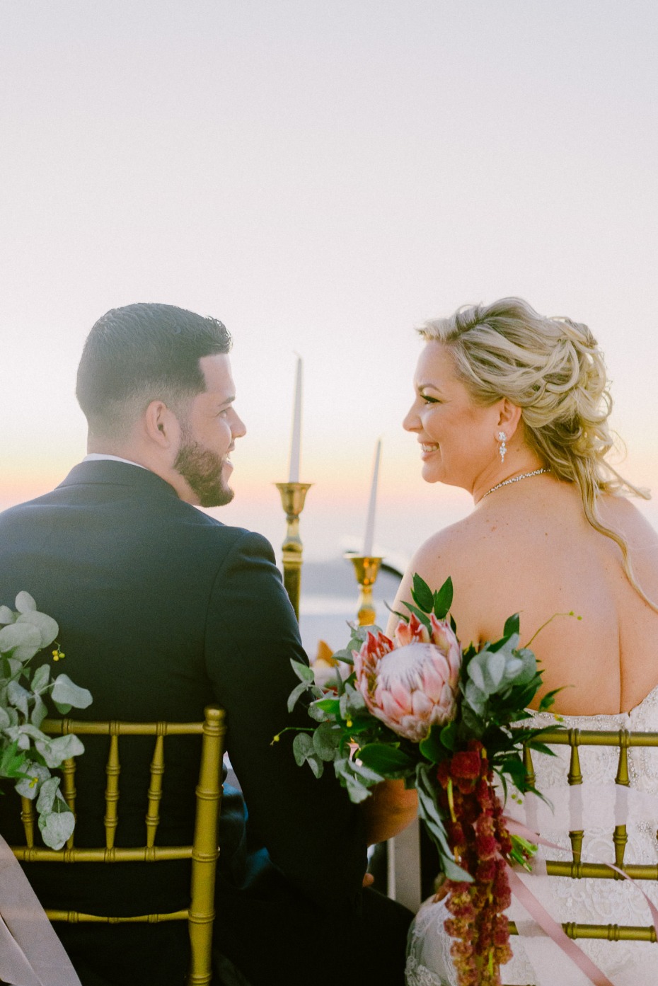 Romantic sunset wedding photo