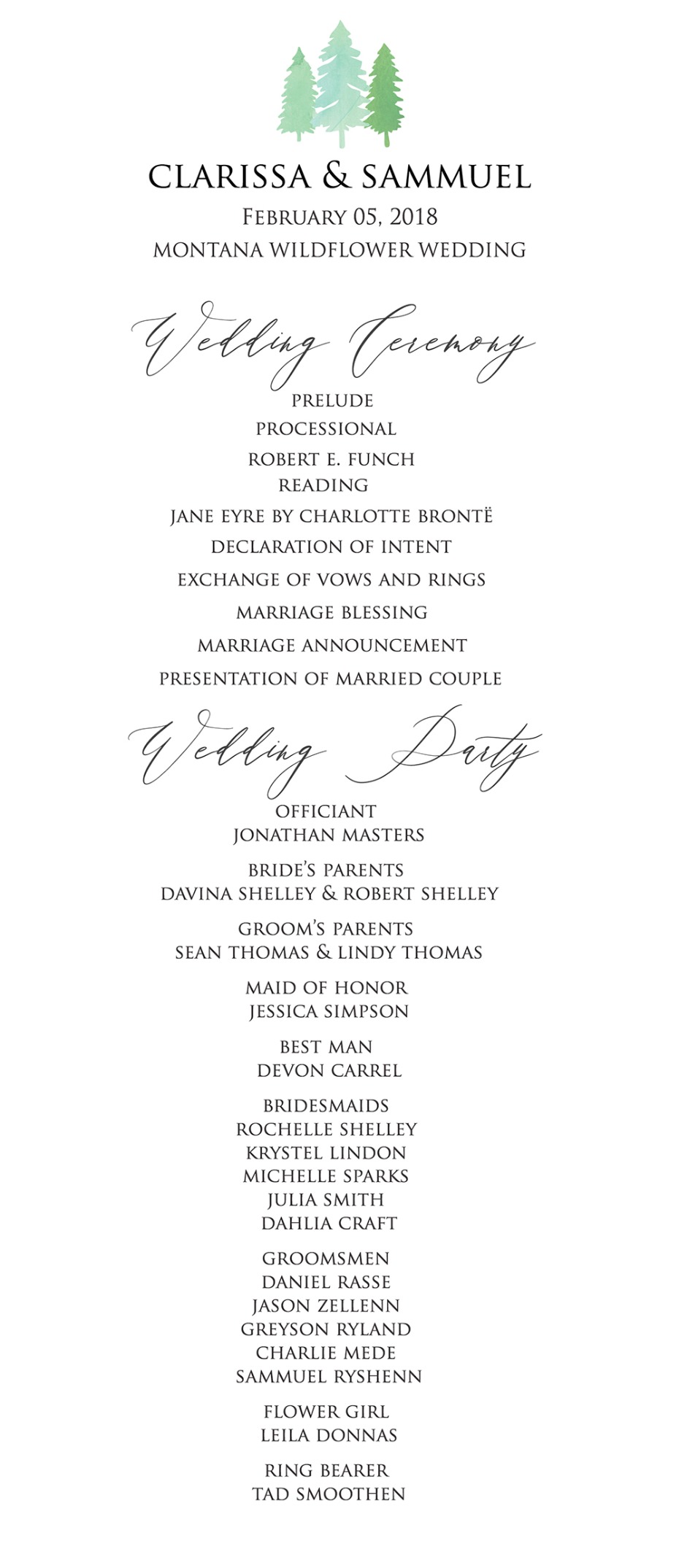 Clarissa and Sammels Montana Wildflower Wedding Program