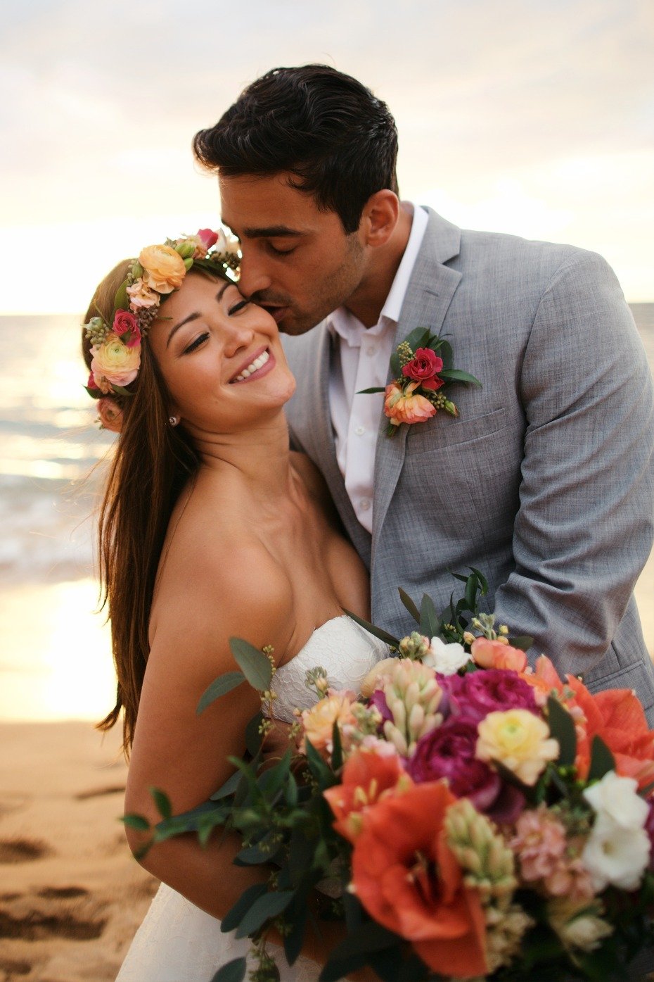 glowing bride and groom in Hawaii