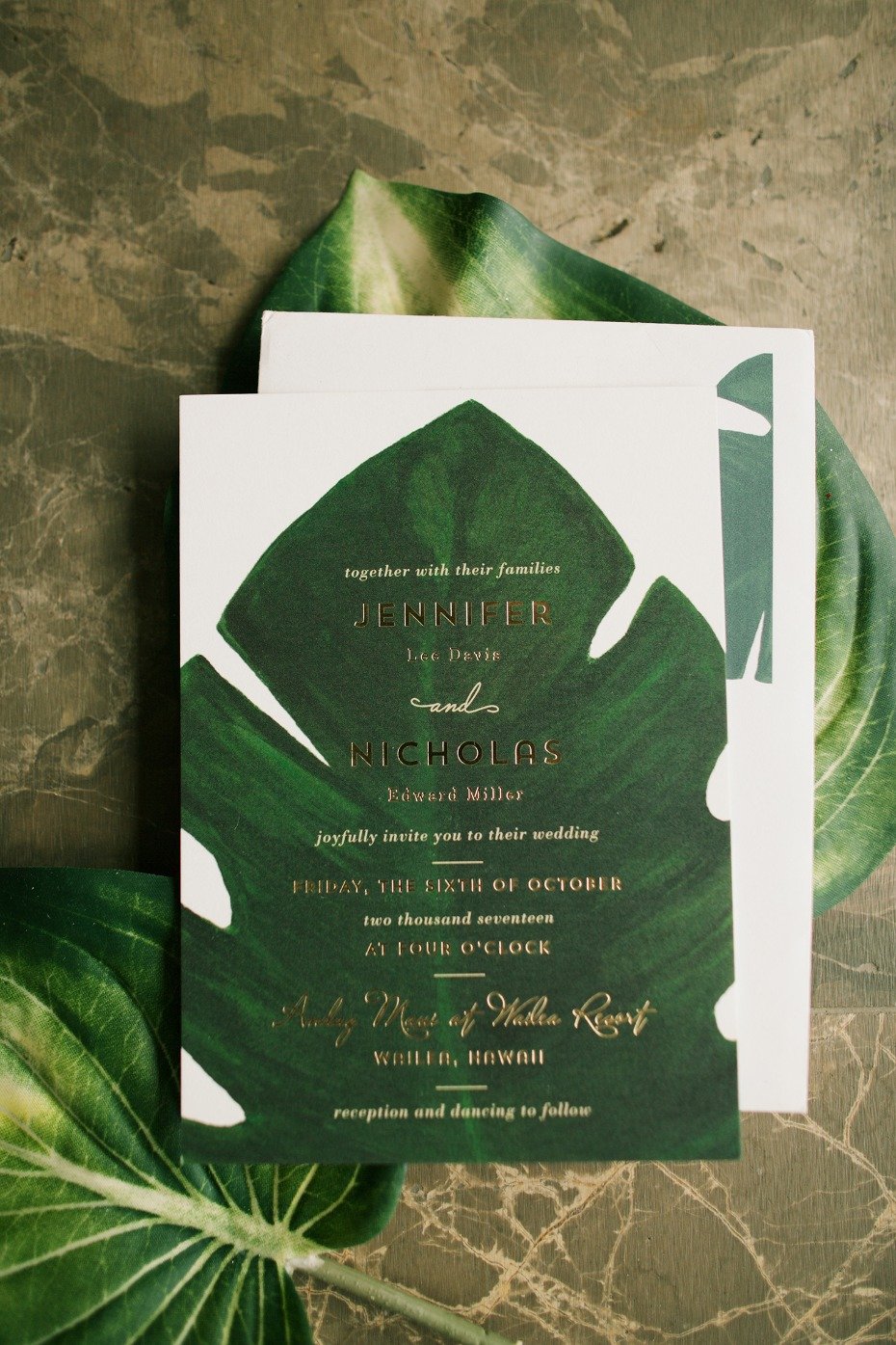 tropical leaf themed wedding invitation