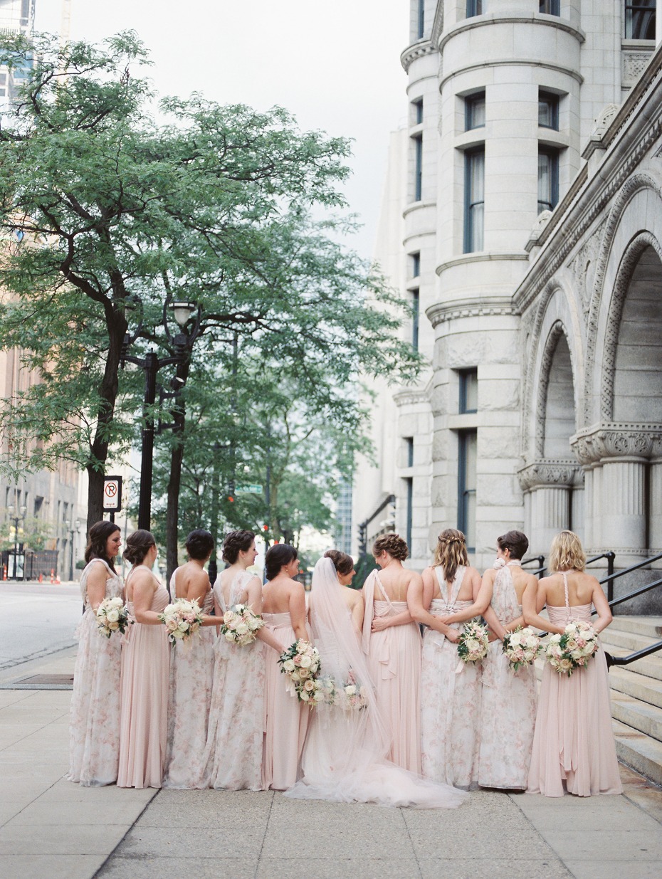 Mix and match blush and floral bridesmaid dresses