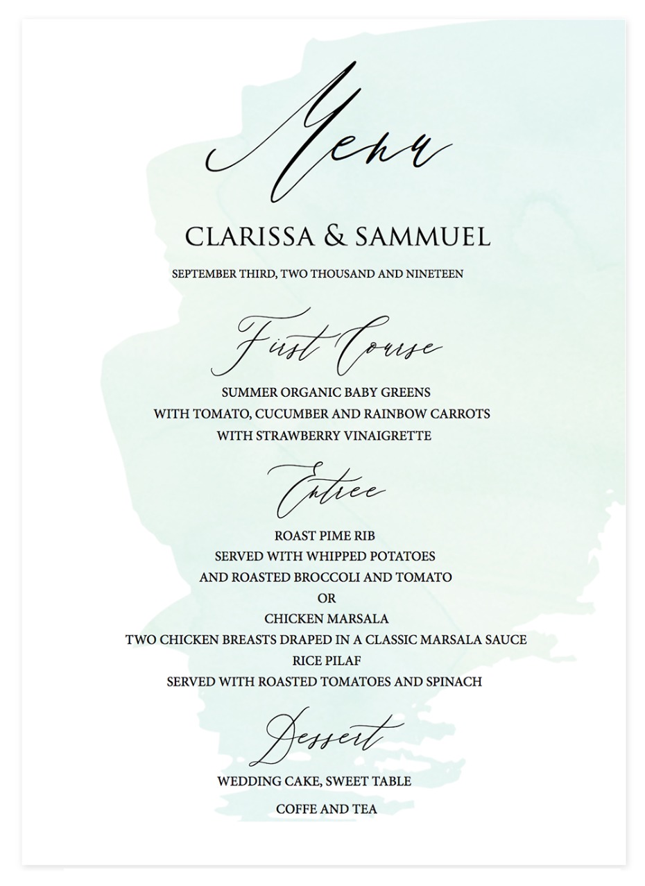 Clarissa and Samuel's wedding menu card with watercolor detail
