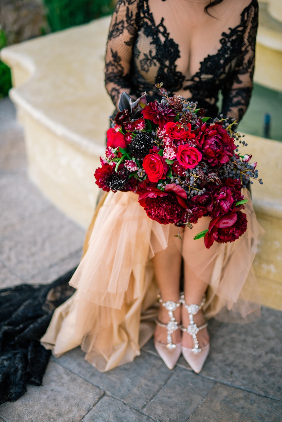 Gorgeous jewel toned bouquet and sparkly heels