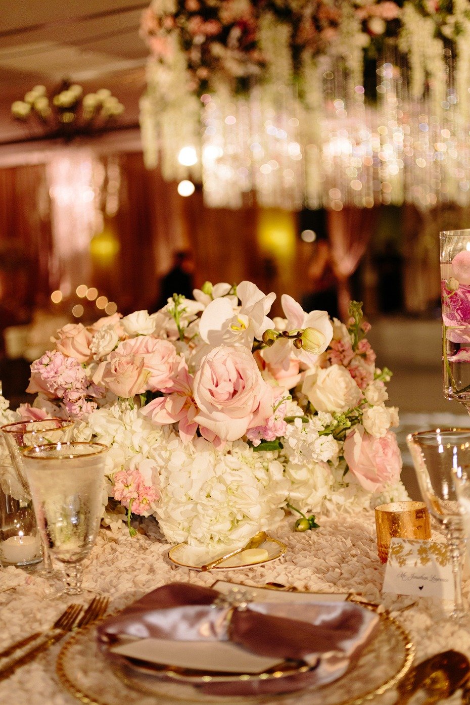 Glamorous reception decor in blush and gold