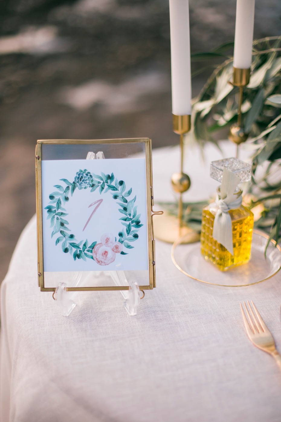 Hand-painted table number and olive oil favor